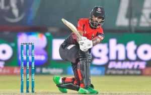 Fakhar Zaman hitting a shot in PSL 10 in Lahore Qalanders team 