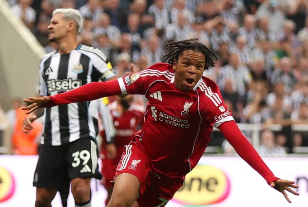 Rio Ngumoha debut goal celebration for Liverpool vs Newcastle.